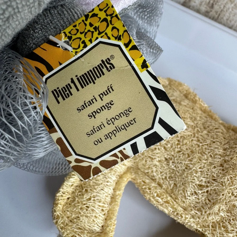 Pier 1 Imports Elephant Safari‎ Puff Sponge Loofah Bath Shower Exfoliator Set